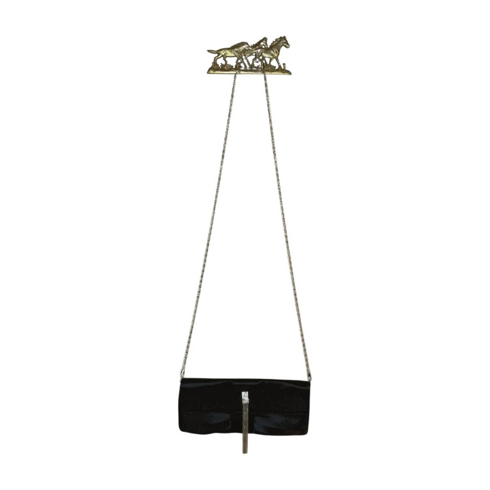 Vintage Cache Evening Bag Black Satin Rhinestone Tassel Clutch Shoulder Bag